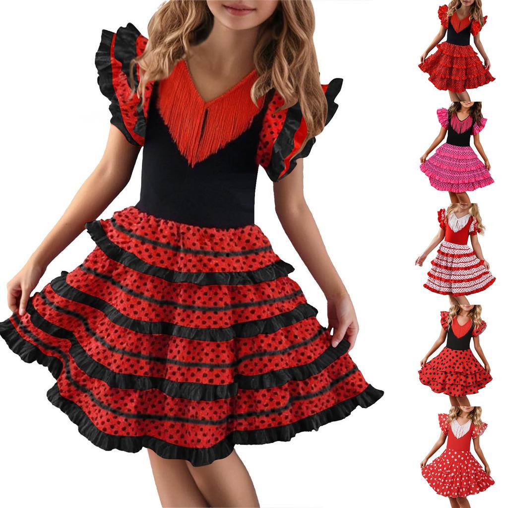 Dívčí Flamenco taneční šaty Vrstvená volánková sukně Krátký rukáv Výstřih do V Styl princezny Párty kostým Šaty pro děti
