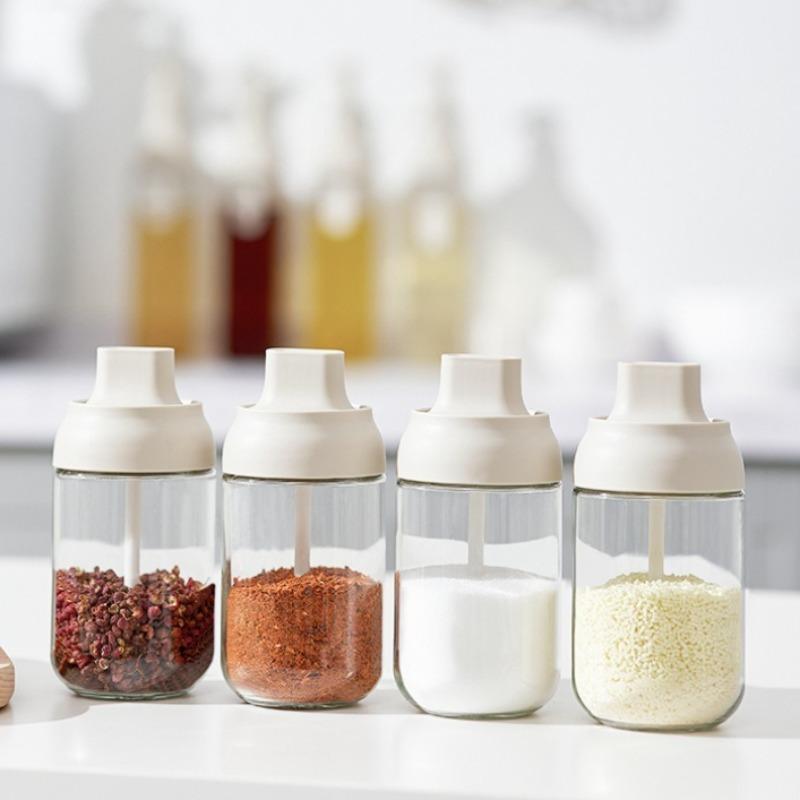 Oil Bottle Moisture-proof with Lid Spoon Pepper Jar Salt Shaker Multi-purpose Combination Glass Kitchen Seasoning Bottle