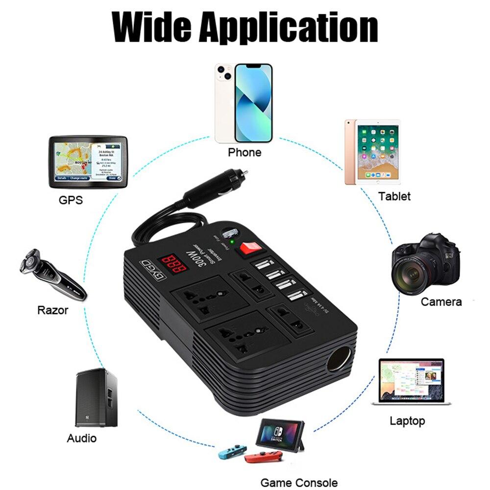 Overload Protection Car Inverter 4 AC Sockets 4 USB Ports ON/OFF Switch With Fuse 300W DC 12V to AC 220V Converter Power Adapter