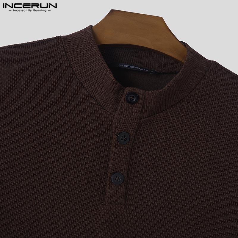 INCERUN Men Buttons Mockneck Long Sleeve Rib Knitted Pullovers Tops