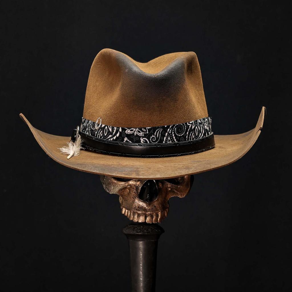 Cappello da Cowboy in Feltro di Pecora, Colore Unico con Cappello Decorativo in Feltro