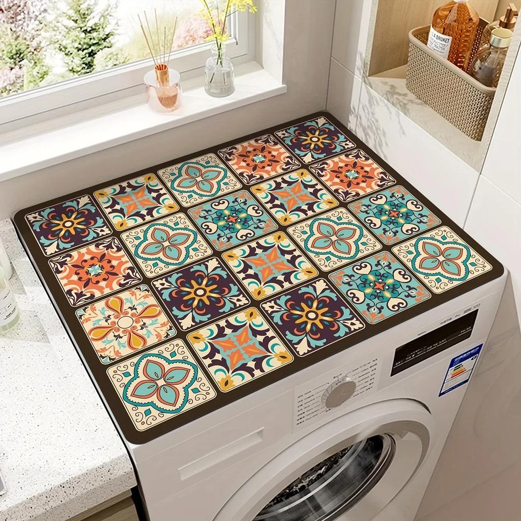 50X60cm Vintage rutete trykt vaskemaskin støvdekselpute, hurtigtørkende absorberende beskyttende toppmatte for vaskemaskin og tørketrommel
