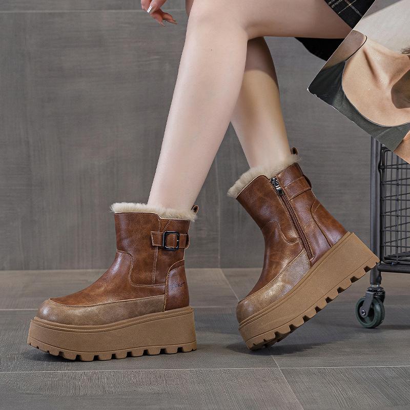 Leather Platform Martin Boots Women's Autumn and Winter New Small Velvet British Retro Short Boots
