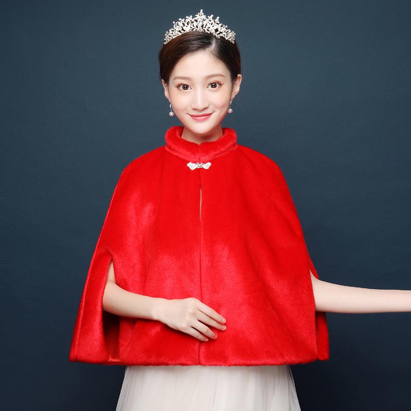 Korean Wedding Fur Shawl: Autumn/Winter Bridal Cape, Fashionable and Warm In White or Red