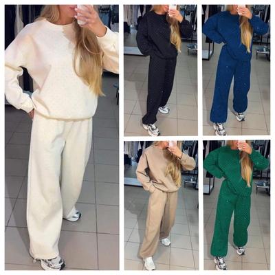 Women's Solid Color Tracksuit Set, Casual Long Sleeve Top with Wide Leg Pants