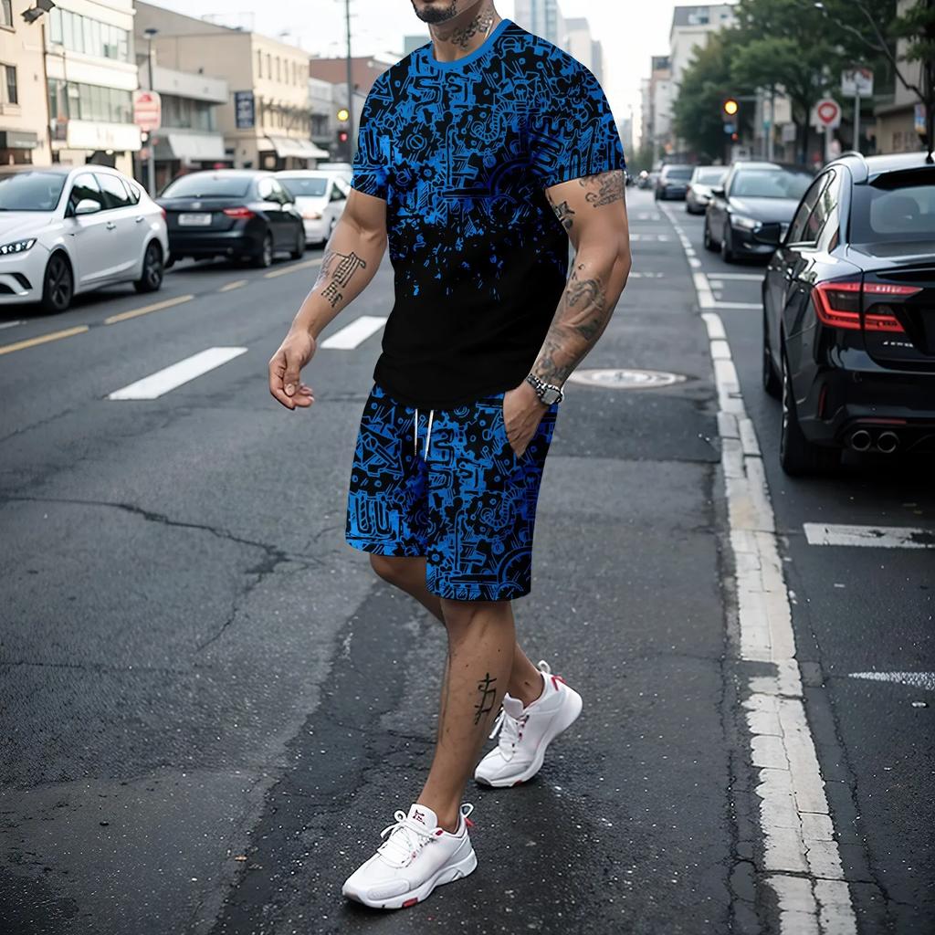 boutique3D splicing retro fashion men's shorts sportswear2-piece set of street wear short sleeved T-shirt+shorts men's clothing