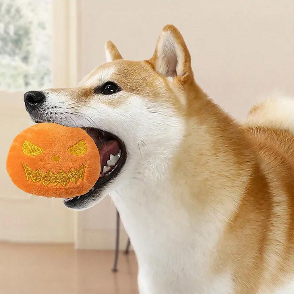 1pc-Cat dog interactive squeaking Halloween pumpkin plush toy, filled toy with sound, non battery powered
