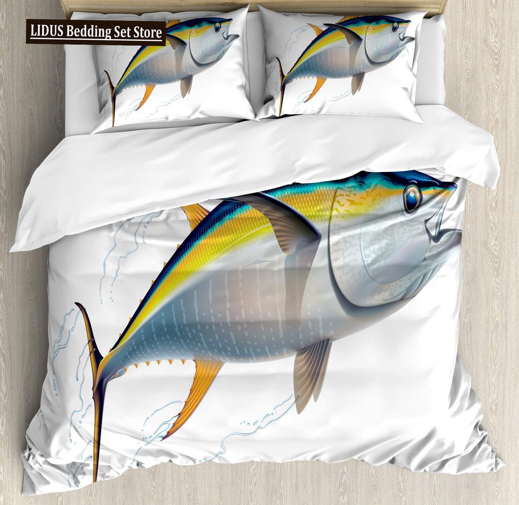 Pike Fish Bedding Striped Bass Big Pattern Hunting And Fishing Themed Duvet Cover For Kids Boys BedRoom Decorations For Teens