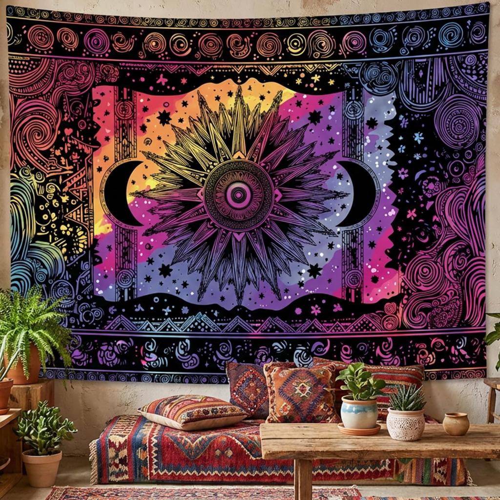 Mystic Celestial Moth Tapestry, Sun Moon Phase Floral Mushroom Print Large Wall Hanging for Bedroom Living Room Aesthetic Decor