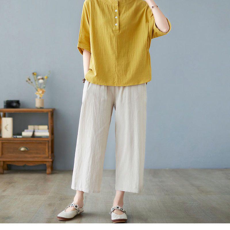 Plus Size Summer Cotton Linen Short-Sleeve Set for Middle-Aged Women - Fashionable Casual Two-Piece Outfit