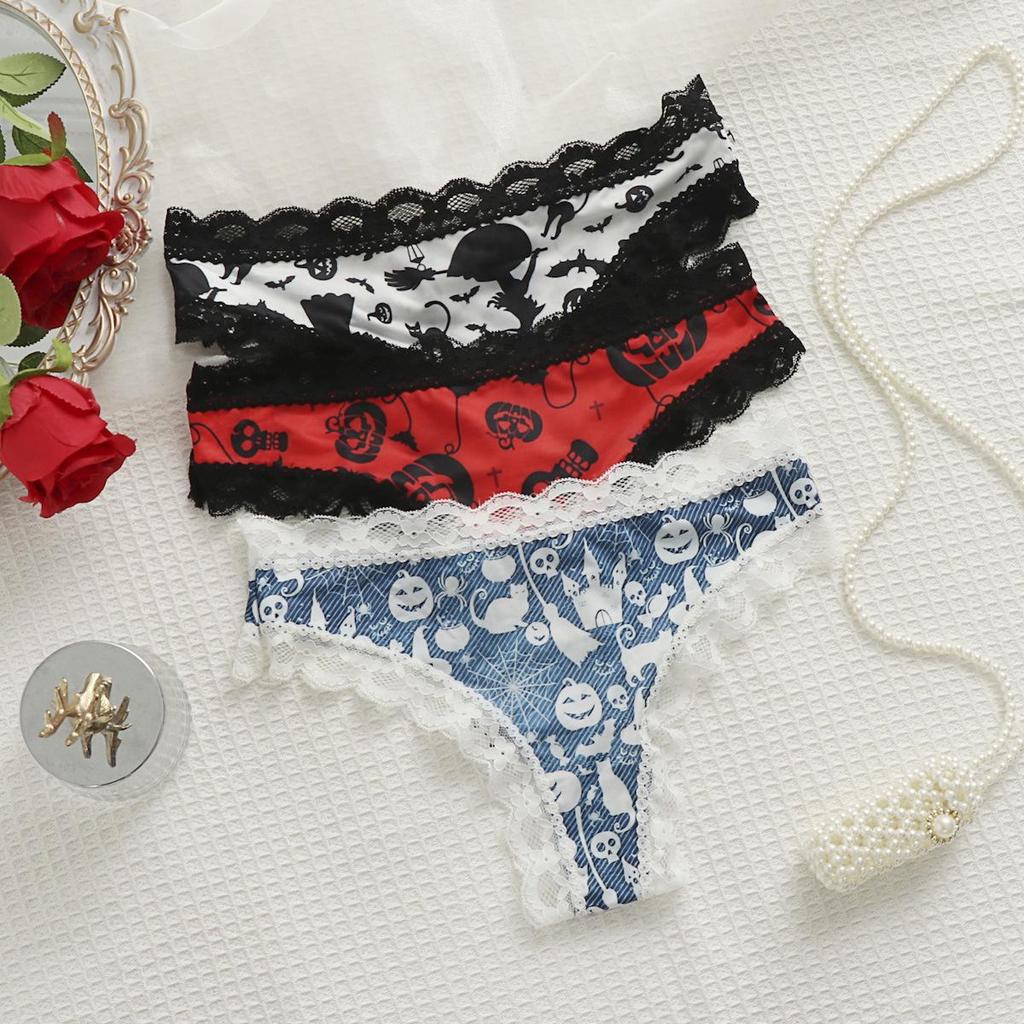 Lace Patchwork Seamless Halloween & Christmas Print Ice Silk Thong 367
