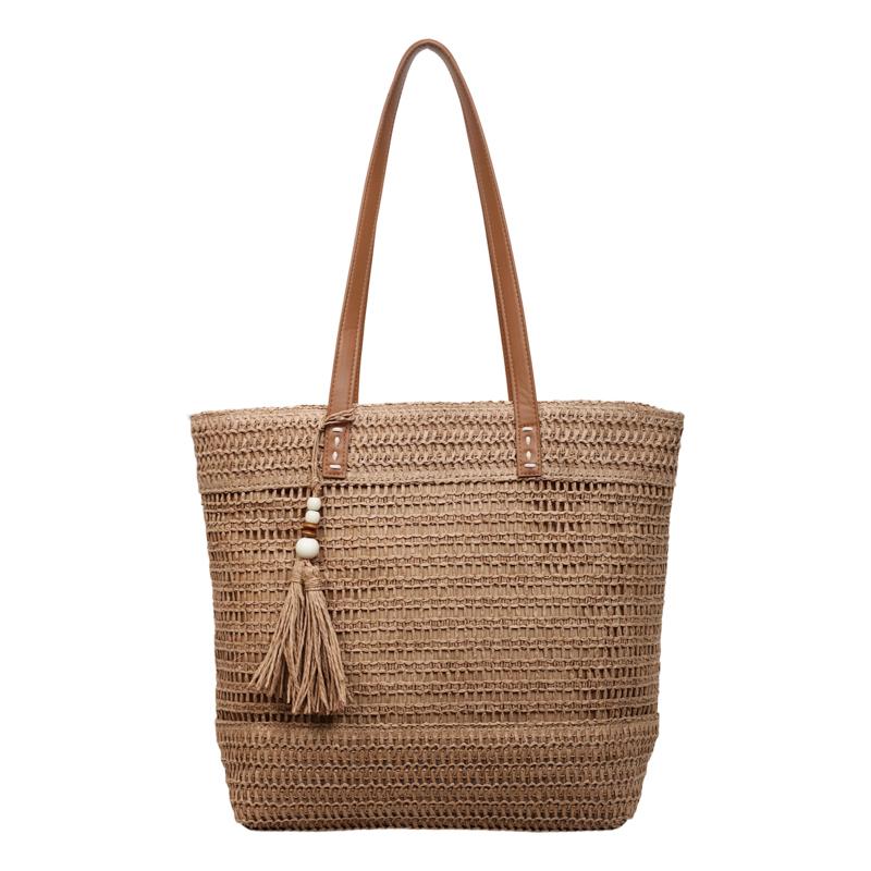 Плетеная соломенная сумка-тоут с кожаными ручками, детали с кисточками, летняя пляжная сумка, женская мода, большая вместимость хаки