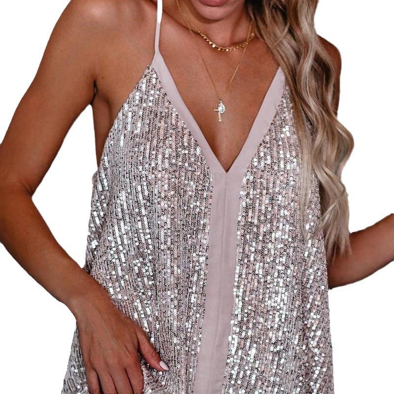 Damski top kamizelka z dekoltem w serek, cekinami i wstawkami