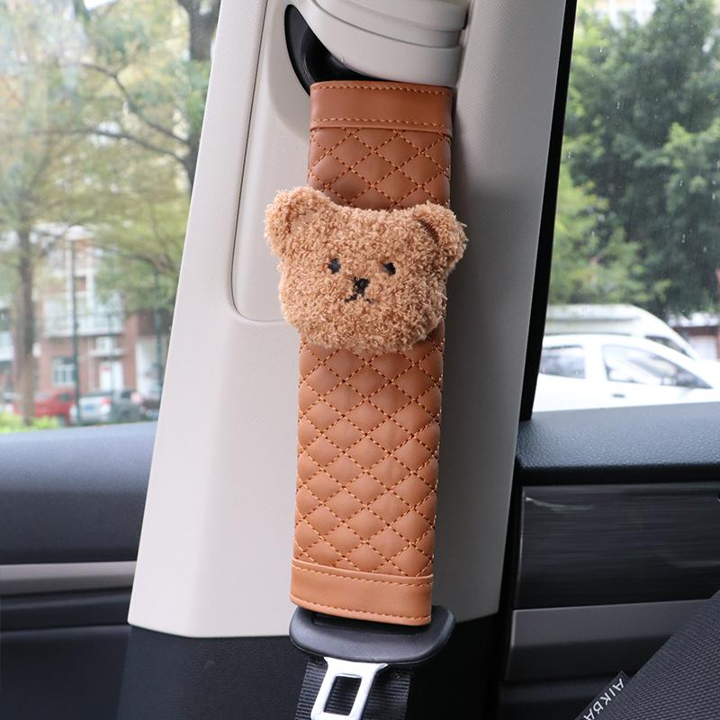 1pc Cute Cartoon Bear Car Seatbelt Cover Leather Seat Belt Harness Cushion Auto Shoulder Strap Protector Pad for Children Kids