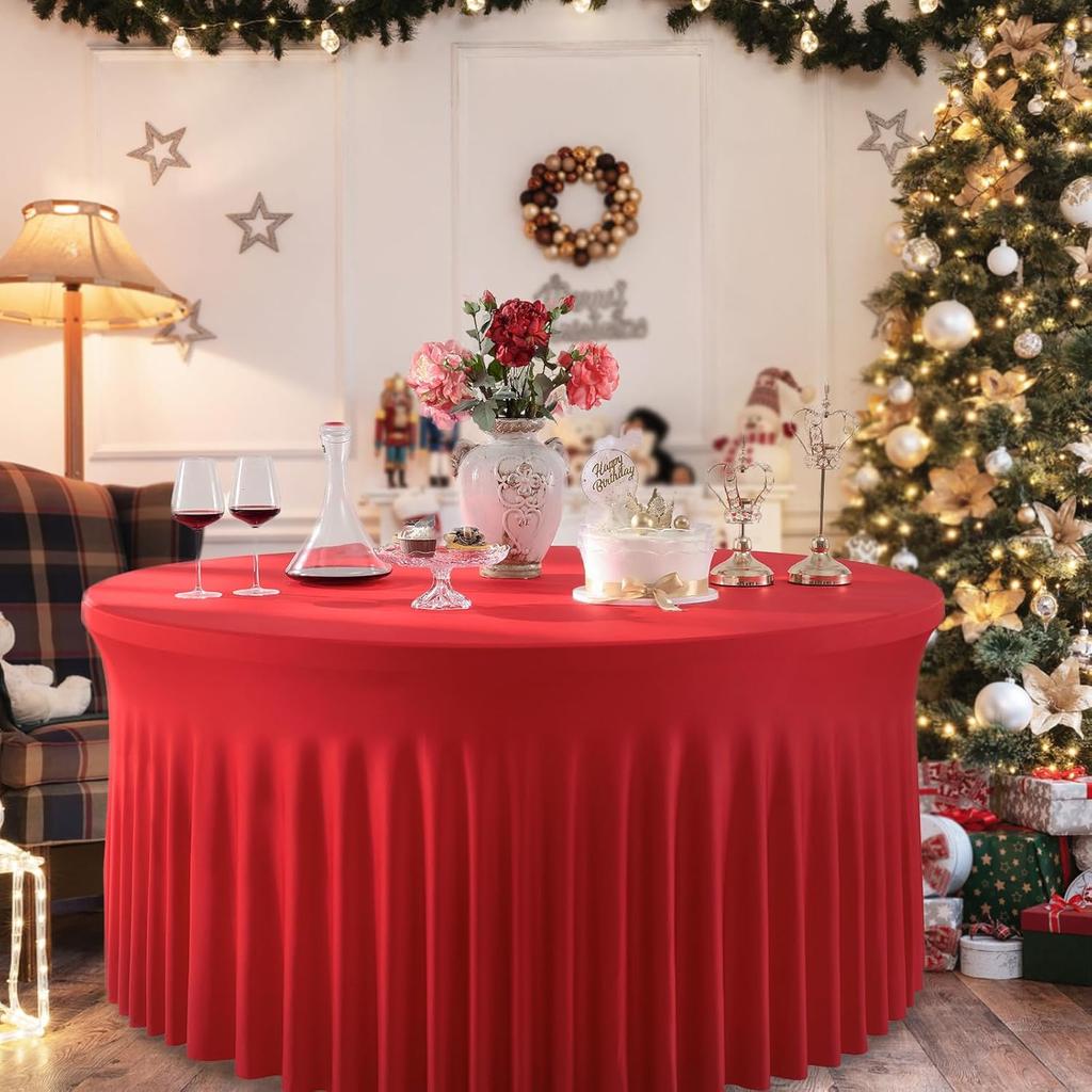 4/5/6ft Spandex Round Wedding Table Cover Wrinkle Free Stretch Fitted with Ruffle Skirt For Baby Shower Wedding Party Banquet