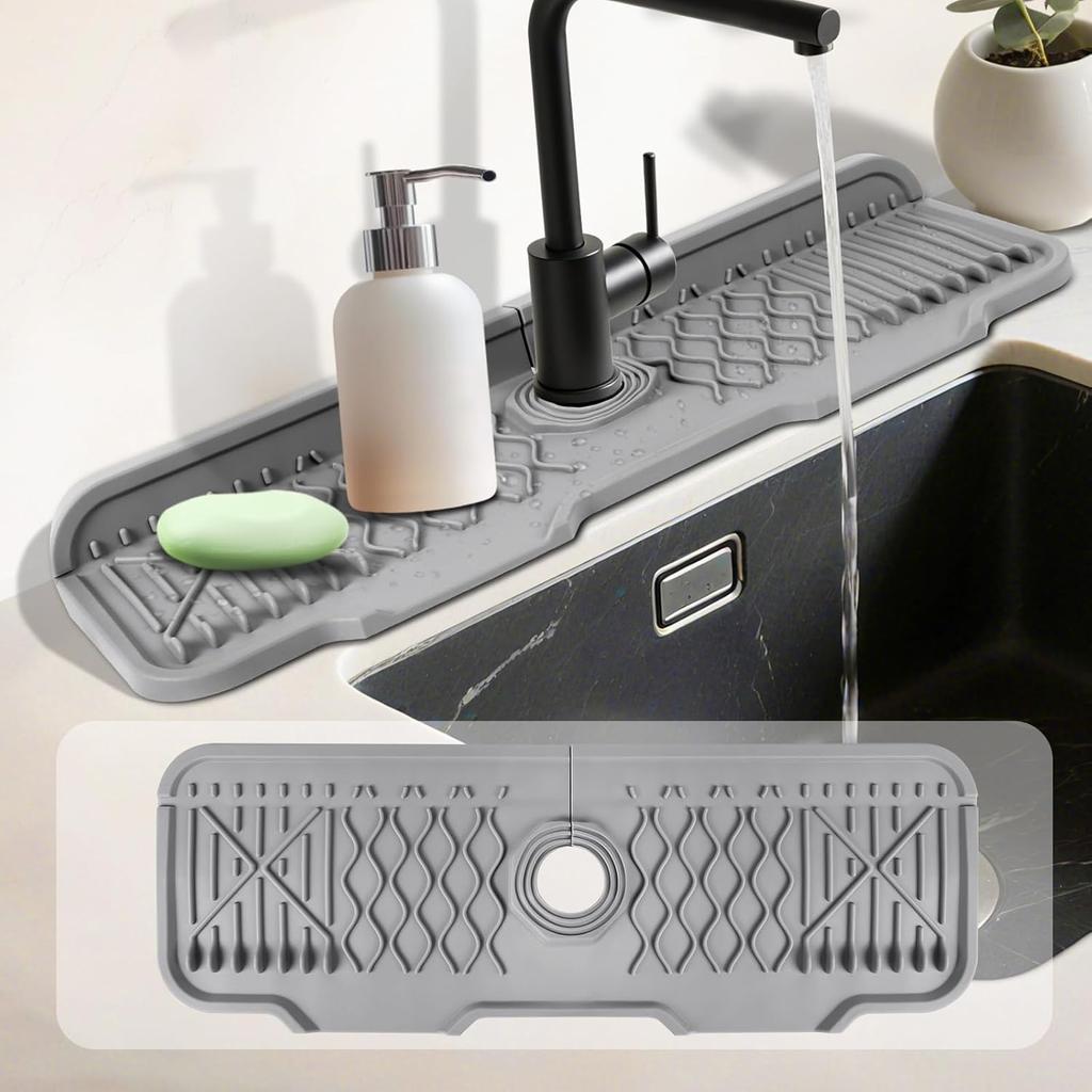 Kitchen sink splash guard, silicone faucet handle, drip tray, multi-purpose drying pad, sponge rack and bathroom countertop,