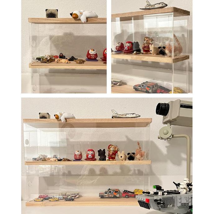 Clear Acrylic Display Shelf Case for Mini Funko Pop, Wooden Display Stand Riser 2 Layer Storage Rack for Decoration Action Figures Collectibles Toys,