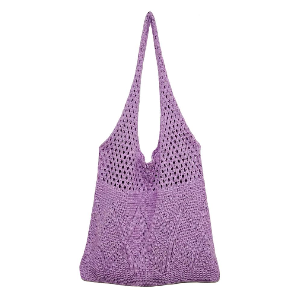 

Polyester Fiber Shoulder Bag Large Capacity Women Shopping Handbags Solid Color Totes Bags Hollow Out for Casual Shopping Travel фіолетовий