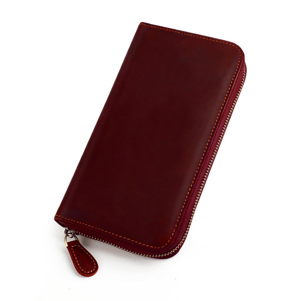 Vintage Crazy Horse Leather Men Wallet Long Zipper Card Holder Wallet