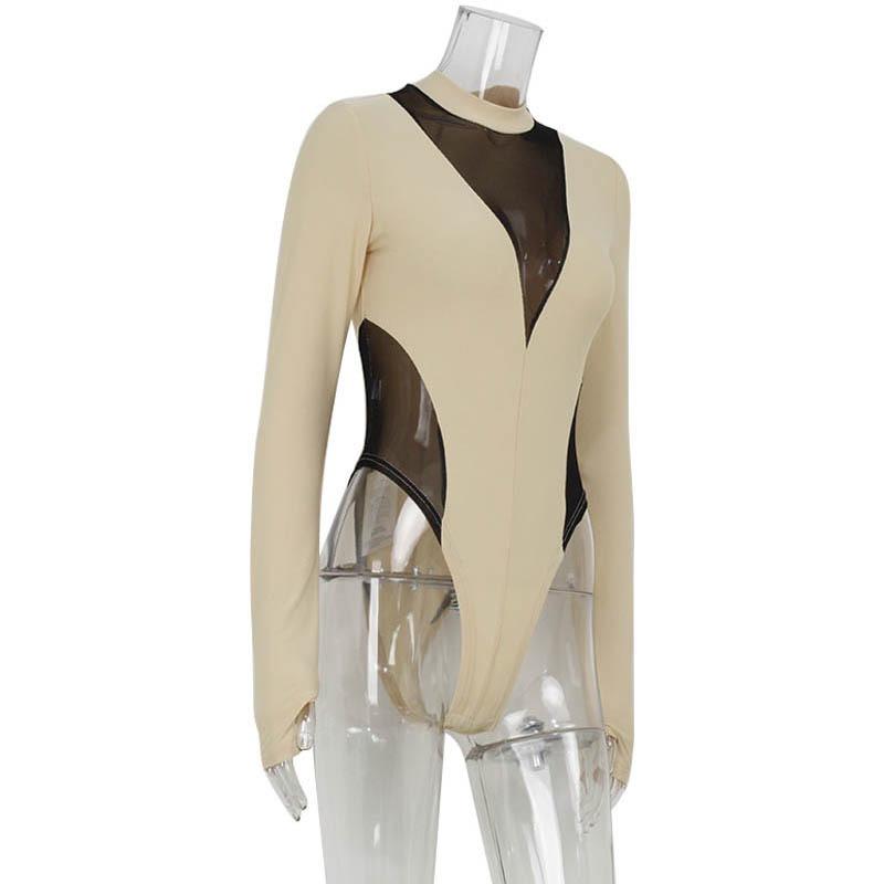 Women's Sexy Tight Mesh Stitching See-through Onesie Fashion Spice Girl High-grade Long-sleeved Base Shirt
