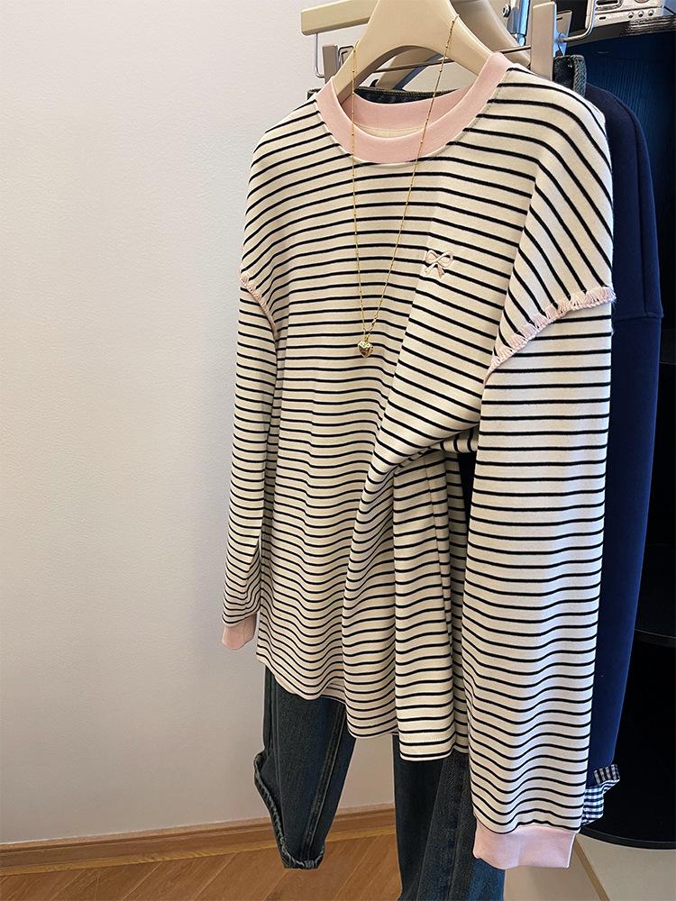 Women's Striped Bow Long-Sleeve Casual Top - Relaxed Fit, Plus Size, Autumn/Winter