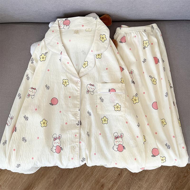 

Пижама с принтом кролика и цветка в горошек во французском стиле, топ с длинными рукавами и штаны с эластичным поясом, пижама для сна 5XL