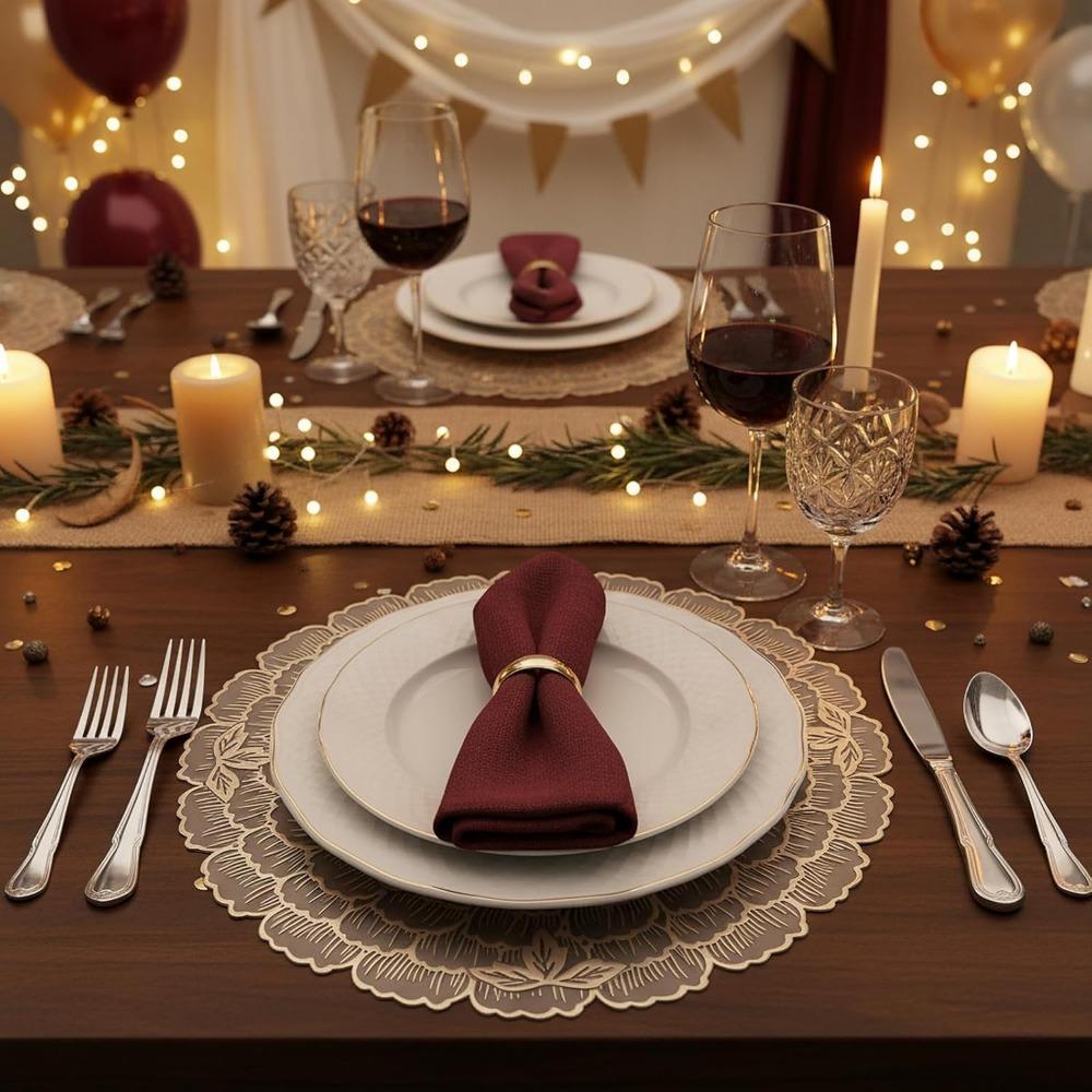 Creative Kitchen Round Placemats PVC Gold Place Mats Washable Flower Leaf Dining Table Mats Party Table Decorative