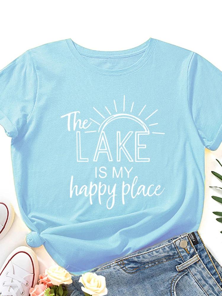 

Lake Is My Happy Place Print Women T Shirt Short Sleeve O Neck Loose Women Tshirt Ladies Tee Shirt Tops Clothes Camisetas Mujer XXXL