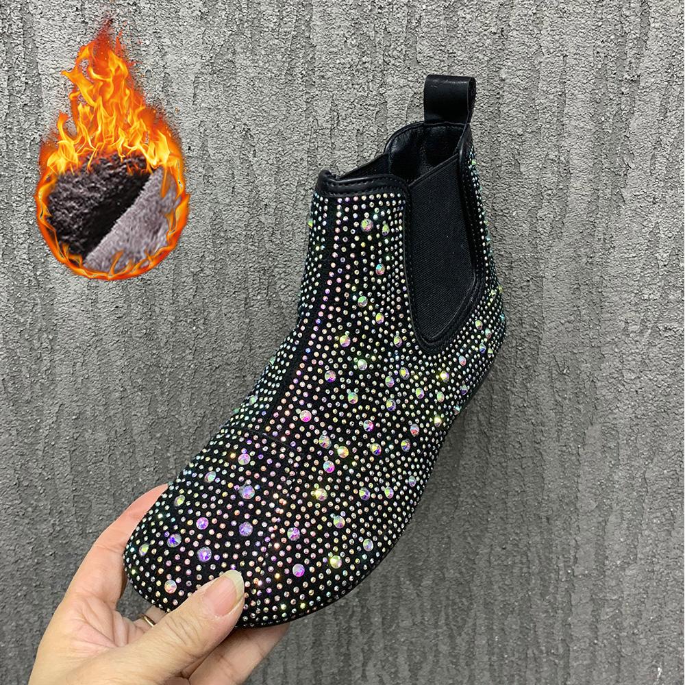 Winter Women Boots Warm Fur Snow Boots Fashion Rhinestone Ankel Boots AntiSlip Plush Casual Flats Boots Autumn Women Shoes