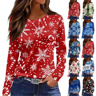 Women's Fashion Casual Slit Hem Round Neck Long Sleeve Loose Christmas Printed T-Shirt Ladies Top
