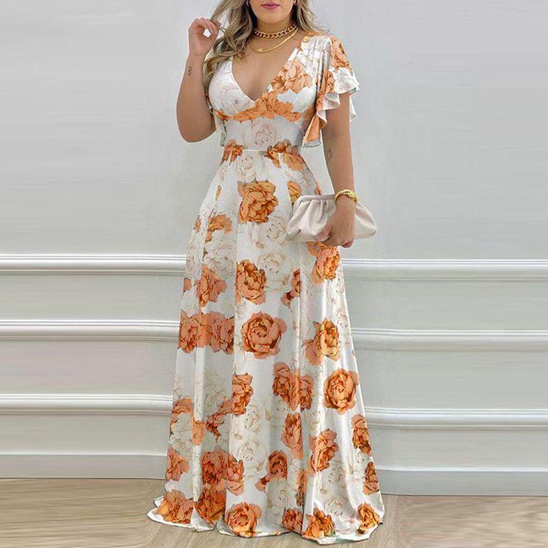 

Dazzling Dress2024 New Arrival Women s Summer Floral V Neck Long Waist Trimming Printing Large Swing Dress Orange Print 3XL