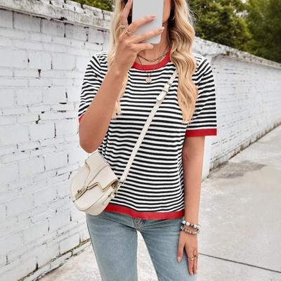 Camiseta de verano de punto con cuello redondo, manga corta y rayas de colores para mujer