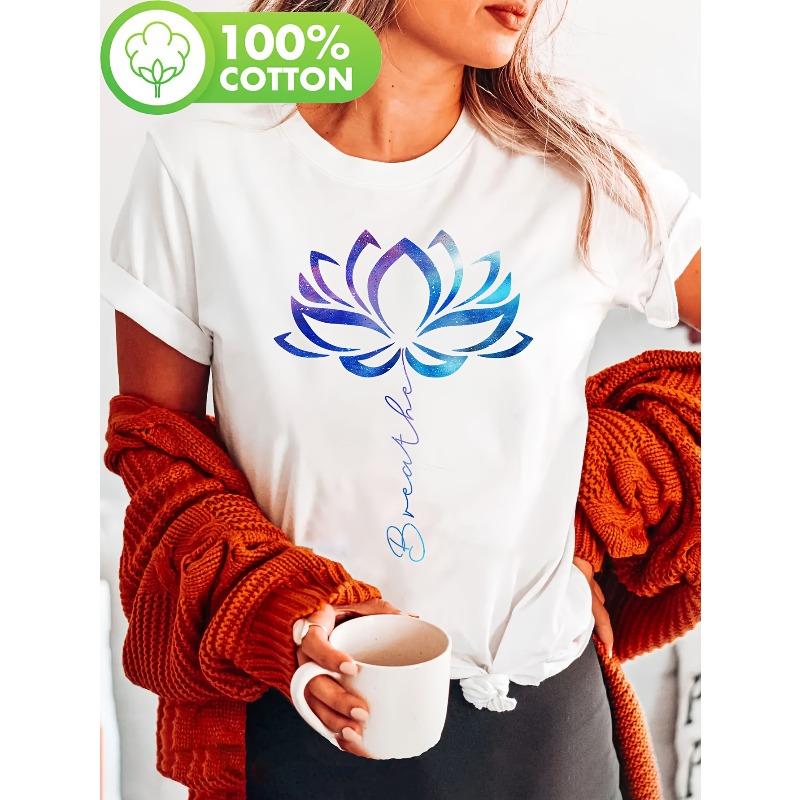 

For Lotus Flower Print T-shirt, Short Sleeve Crew Neck Casual Top for Summer & Spring, Women s Clothing S белый