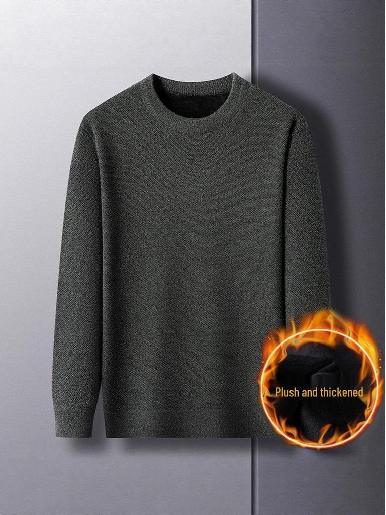 Men's Warm Thickened Knit Sweater - Autumn/Winter Casual, Middle-Aged, Round Neck, Solid Color, Fluffy Velvet.