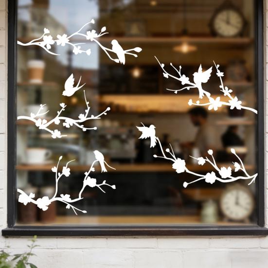 Bird Deterrent Window Clings White Spring Tree Branch Birds Hanging Vines Butterflies Static Glass Decals for Home Classroom Office Party Decoration