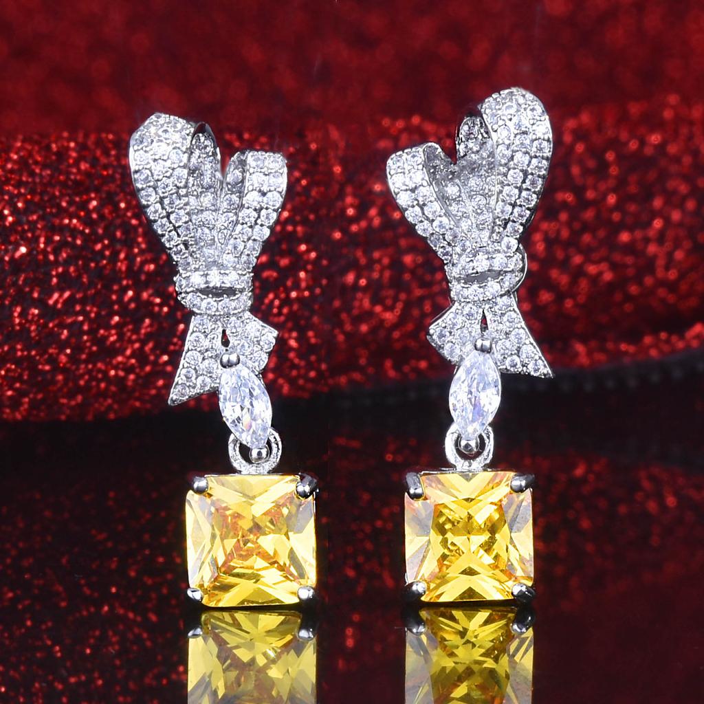 Light Luxury Jewelry Yellow Diamond Redeen Cut Stud Earrings, Super Flash Pink Diamond Ice Flower Cut Full Diamond Bow Earrings