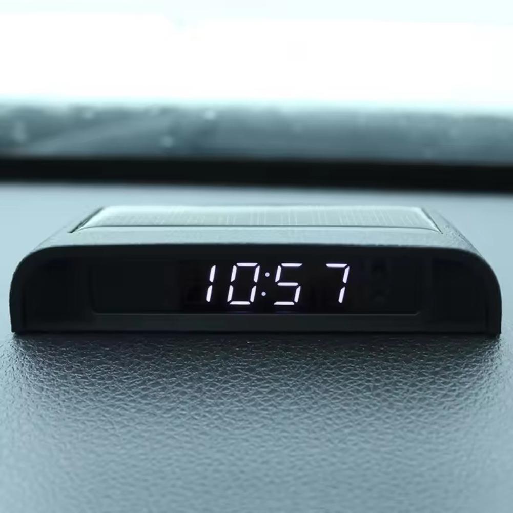 Solar Powered Car Digital Clock, LED LCD Display with Time Date Thermometer, Auto Dashboard Decor