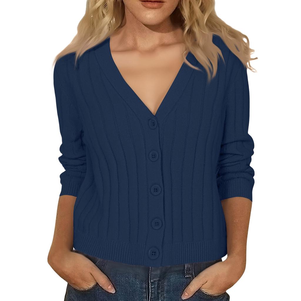 Women's Fashion Long-Sleeve V-Neck Lightweight Knit Sweater Solid Color Outerwear Top