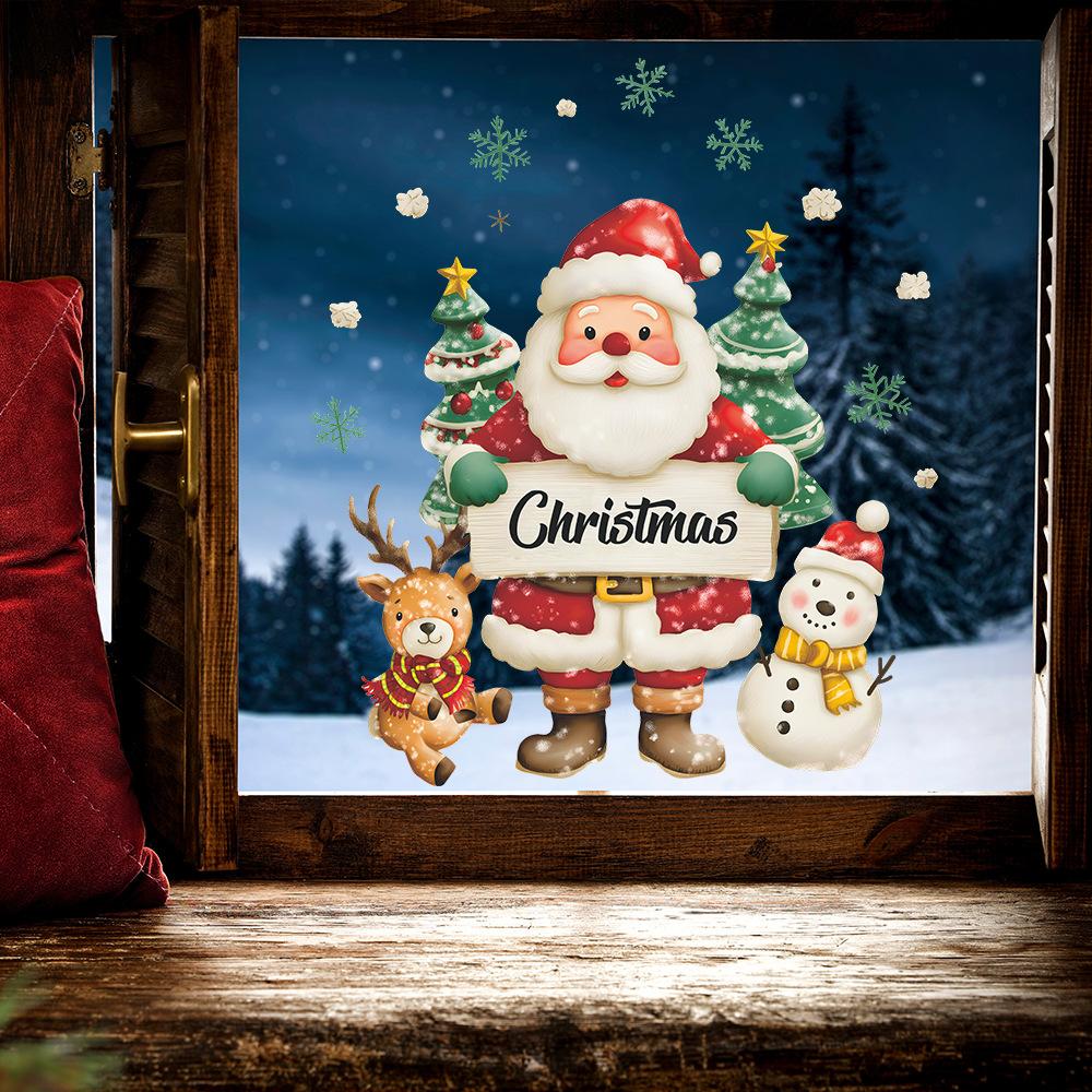 Watercolor Santa Claus, Snowman, Reindeer, Home Decoration, Glass Doors and Windows, Static Window Stickers