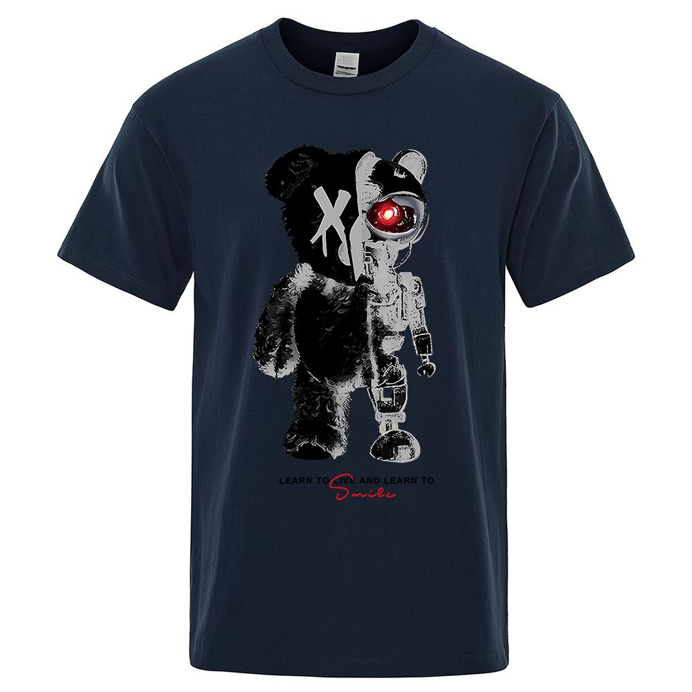 Cartoon Maschine Bär Männlich Baumwolle O-Ausschnitt T-Shirt Sommer Locker Übergröße Kleidung Hohe Qualität Atmungsaktiv Mode Kurzarm