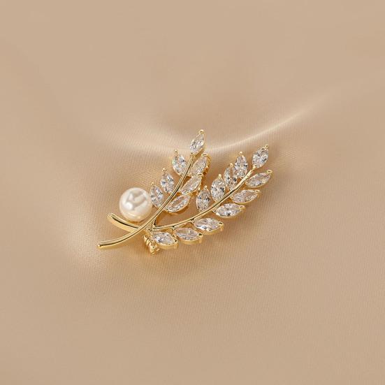 Women Brooch Sparkling Cubic Zirconia Wheat Ear Design Suit Lapel Badge with Imitation Pearls Scarves Dresses Accessories