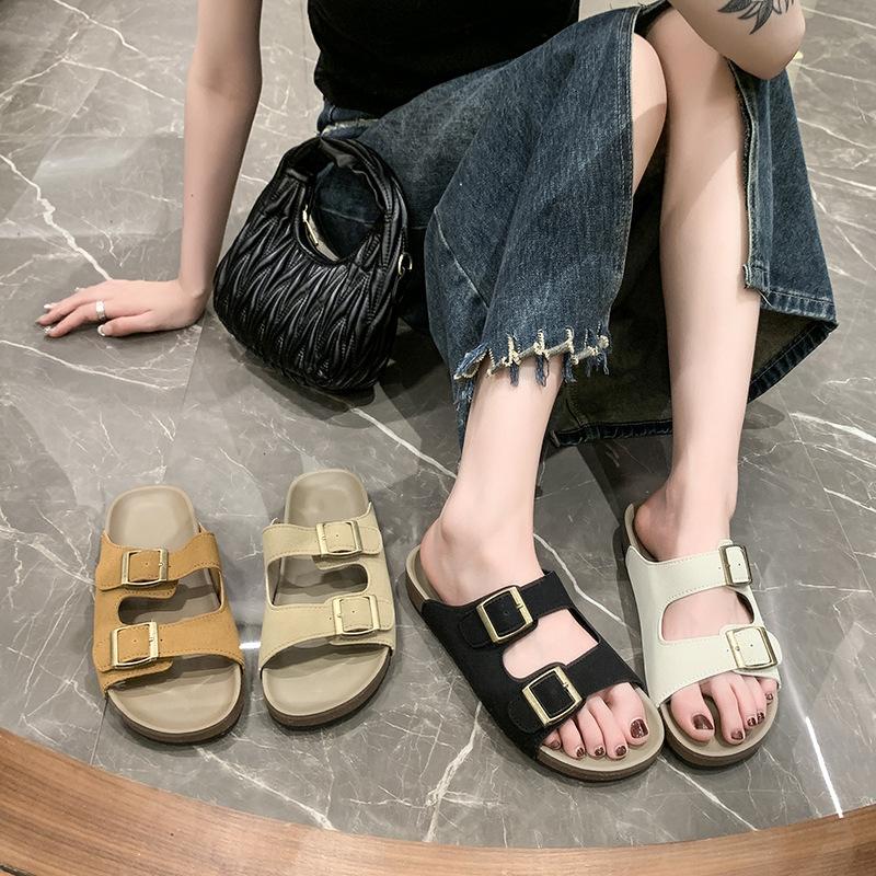 Big Size One Word Slippers Female Retro Belt Buckle Beach Flat Sandals Slippers Youthful Women Summer Shoes Breathable for Hot Weather