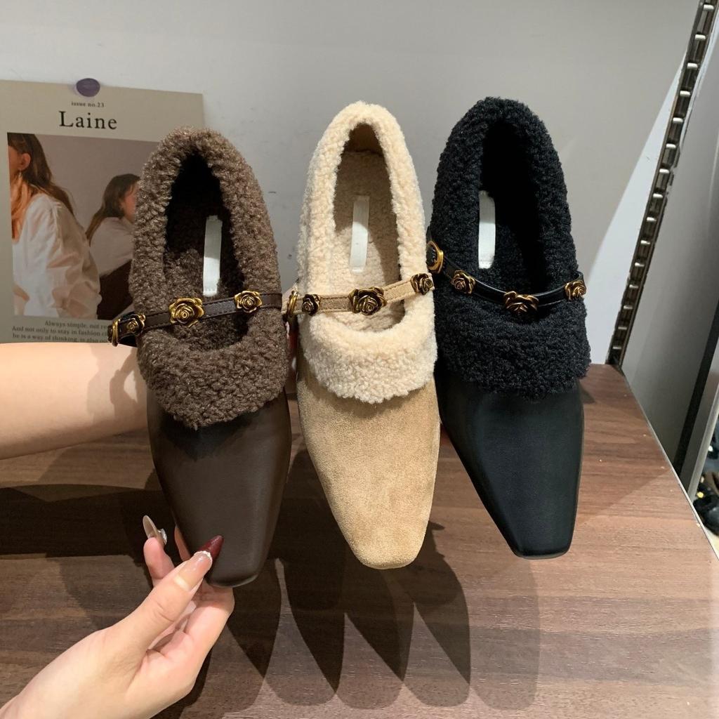 Small fragrant wind inner height increase velvet square head Mary Jane shoes thick-soled wool loafers