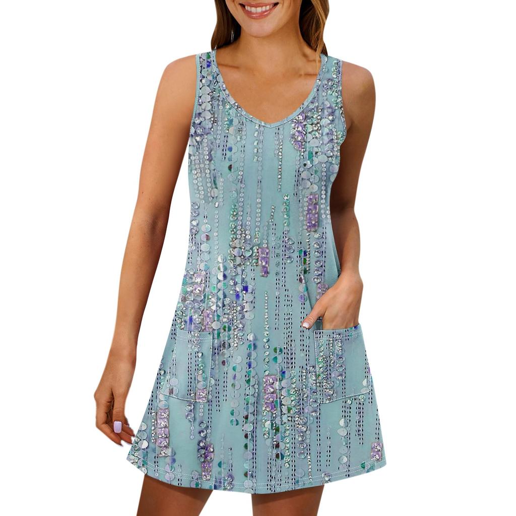 Lässiges Sommerkleid für Damen mit Taschen, Sommer-Boho-Strandkleid, Blusen für Damen, T-Shirt-Kleid, V-Ausschnitt, lockere Tank-Kleider