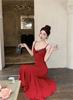 Sweet Spice Girl Robe Red Suspender Dress Birthday New Temperament Splicing Lace Waist Long Dress Fishtail Dress