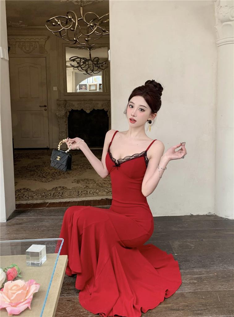 Sweet Spice Girl Robe Red Suspender Dress Birthday New Temperament Splicing Lace Waist Long Dress Fishtail Dress