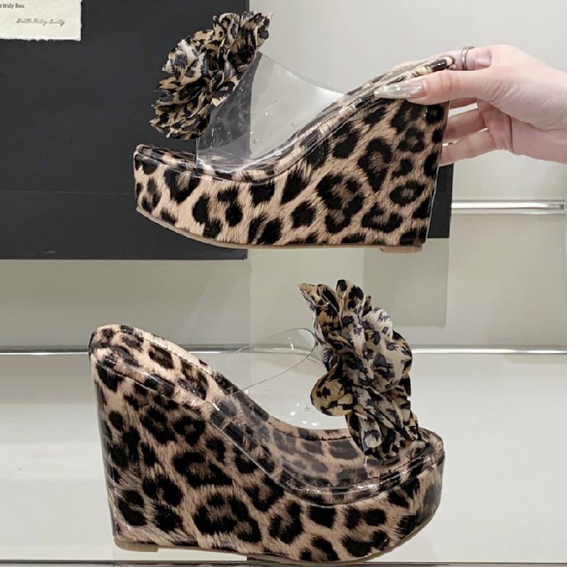 Fashion Leopard Flower Slope Ladies Sandals Transparent PVC Pointed Toe Open Toe Heels for Ladies Summer Fashion 13 Cm Super High Heels