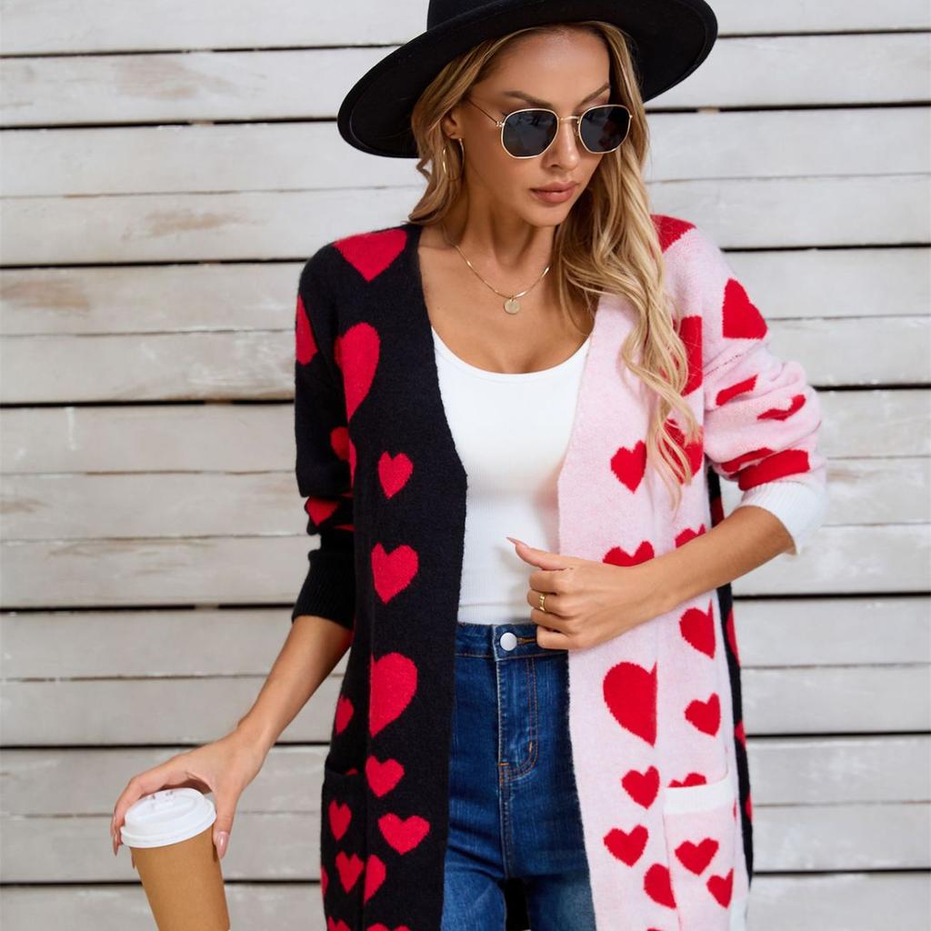 2025 Herbst Neuheit Splicing Strick Valentinstag Tasche Langer Cardigan Liebe Pullover