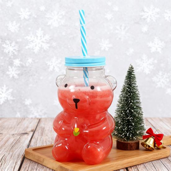 Yousheng Bear Glass Sippy Cup with Leak-Proof Lid Straw Cute Bear Glass Mug for Juice Milk Tea Smoothies Creative Bear-themed Drinkware
