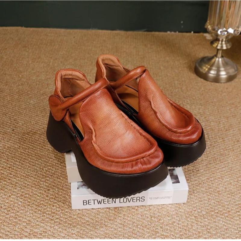 Johnature Retro Genuine Leather Thick Soled Shoes Round Toe Thick High-heeled Comfortable Platform Sandals